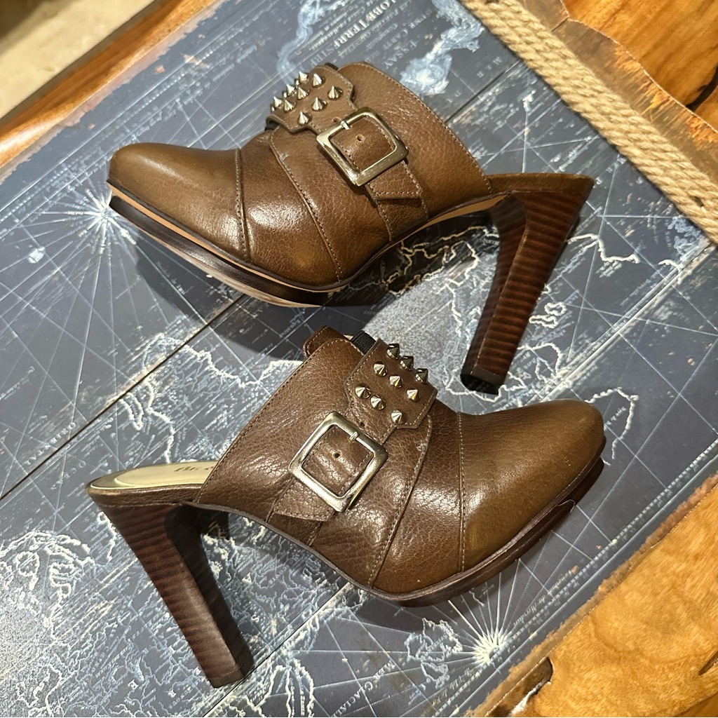 Be&D New York Studded Brown Leather Platform Mules Size 38 (Us 7.58)